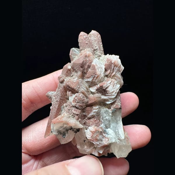 Quartz cluster with pink petal calcite from Inner Mongolia — complete view