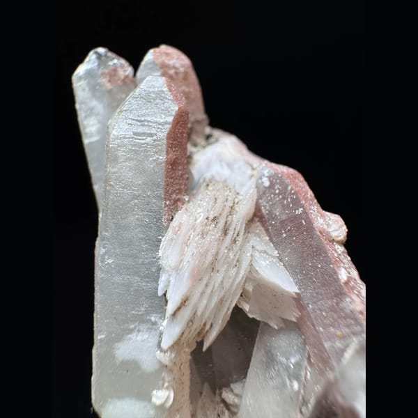 Quartz cluster with pink petal calcite from Inner Mongolia — detail view