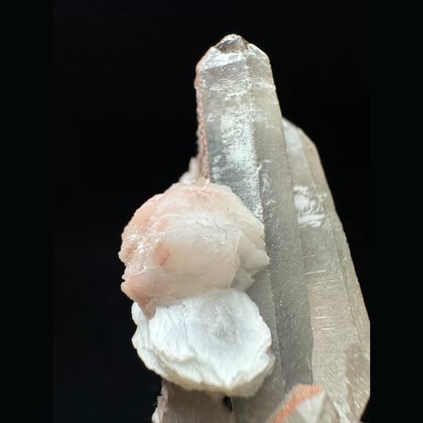 Quartz cluster with pink petal calcite from Inner Mongolia — detail view