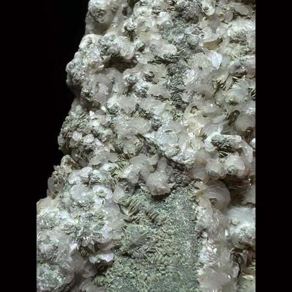 Green-coated quartz floater with petal calcite from Inner Mongolia — alternate view