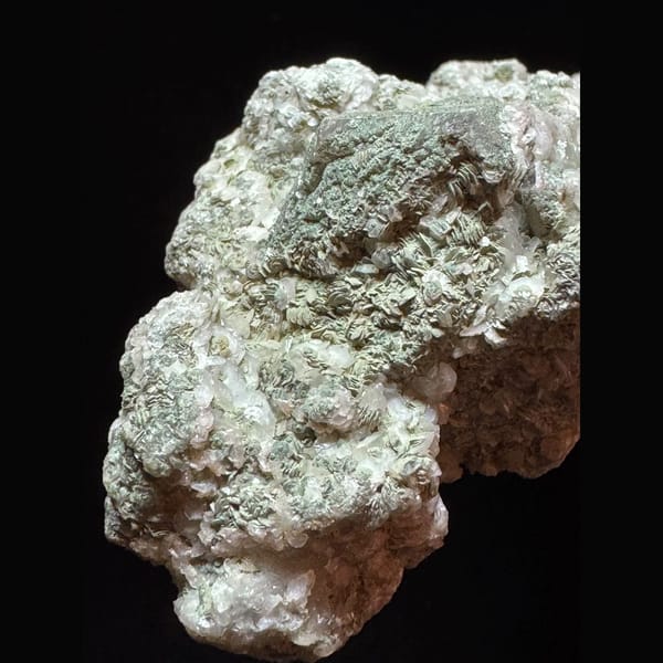 Green-coated quartz floater with petal calcite from Inner Mongolia — detail view
