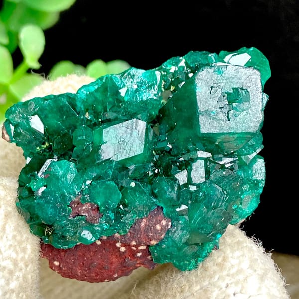 Vivid emerald green dioptase cluster — detail view