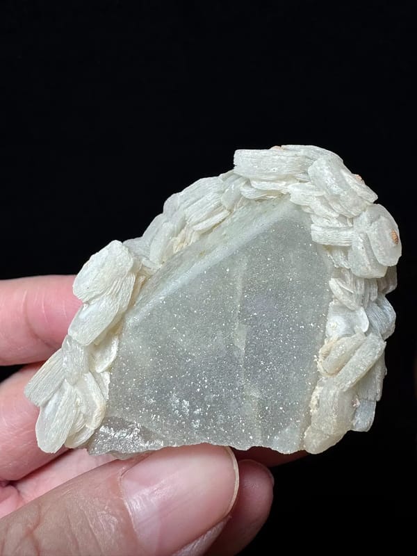Coin Calcite Chain on Sparkling Quartz — Inner Mongolia — individual mineral specimen view 1