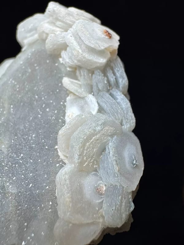Coin Calcite Chain on Sparkling Quartz — Inner Mongolia — individual mineral specimen view 6