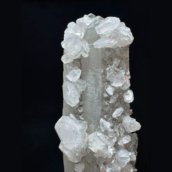 Tall sparkly quartz floater with petal calcite from Inner Mongolia — alternate view