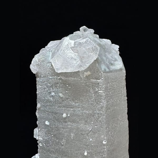 Tall sparkly quartz floater with petal calcite from Inner Mongolia — detail view