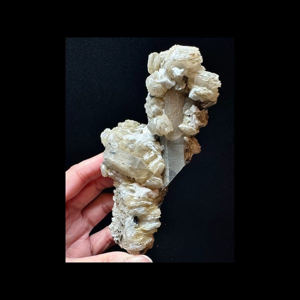 Green-Coated Quartz with Cream Petal Calcite — complete specimen view 2 of 3