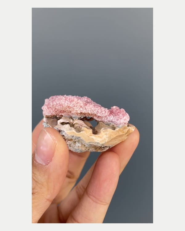 Complete left oblique view of pink rhodochrosite specimen