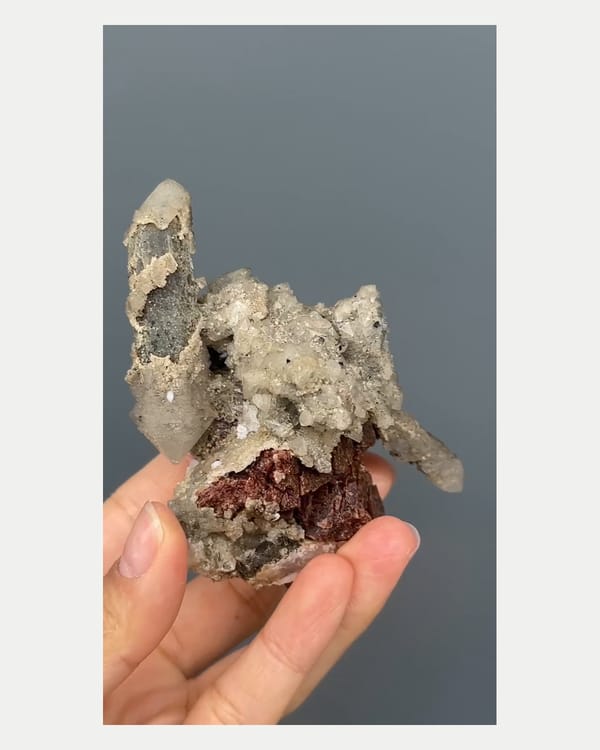 Complete right oblique view of quartz with garnet crystals