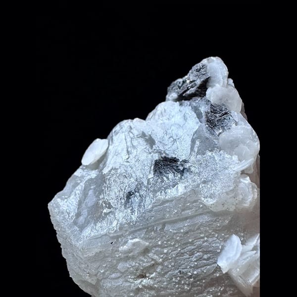 Velvet quartz floater with petal calcite and hematite from Inner Mongolia — detail view
