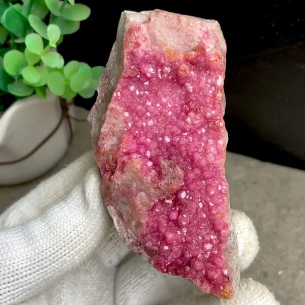 Hot pink cobaltoan calcite druzy on matrix — complete view