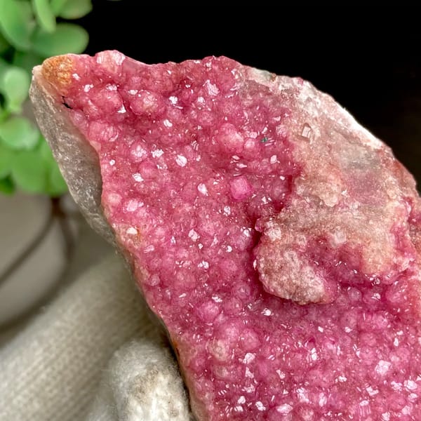 Hot pink cobaltoan calcite druzy on matrix — detail view