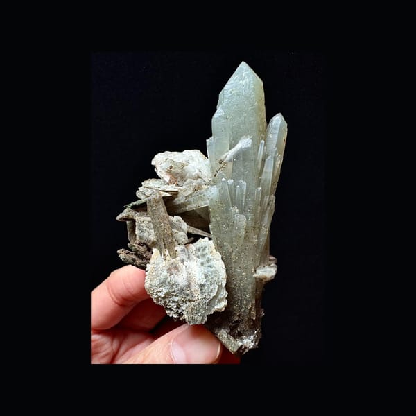 Green Quartz with Bladed Calcite and Dark Associated Crystals — Inner Mongolia — front three-quarter profile