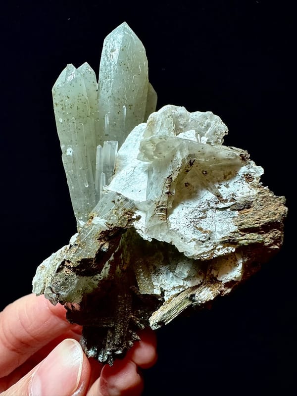 Green Quartz with Bladed Calcite and Dark Associated Crystals — Inner Mongolia — reverse three-quarter profile