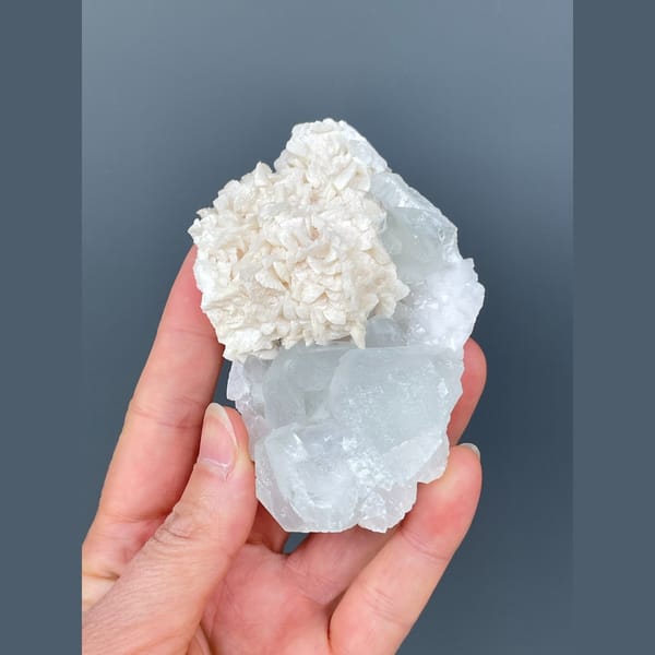 Pale blue fluorite with white dolomite from Hunan — detail view