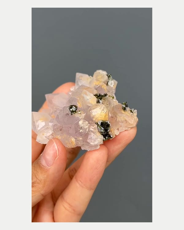 Complete left oblique view of garden quartz with epidote
