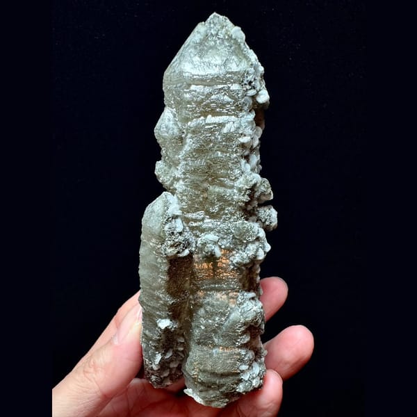 Sparkly skeletal quartz with black and white petal calcite from Inner Mongolia — alternate view