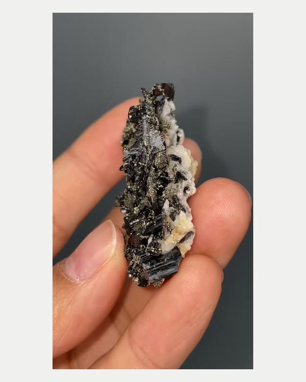 Complete right oblique view of wolframite with pyrite and calcite