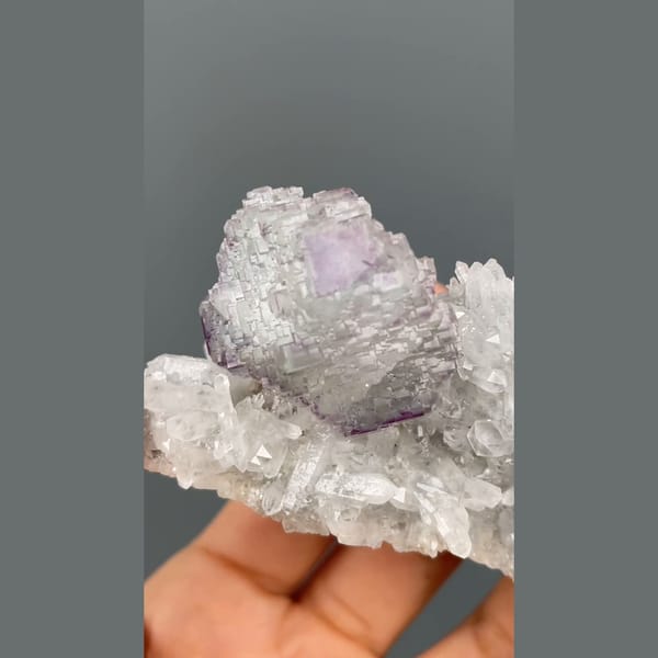 Stepped lavender fluorite on white quartz from Shangbao, Hunan — complete view
