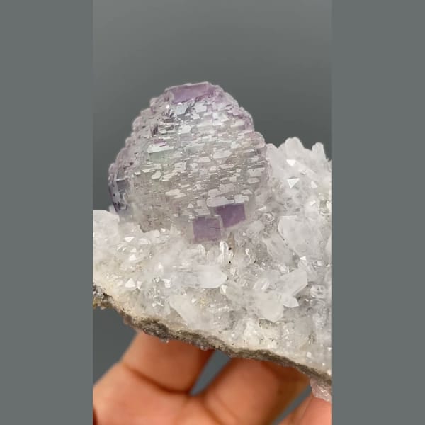 Stepped lavender fluorite on white quartz from Shangbao, Hunan — alternate view