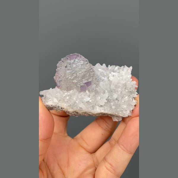 Stepped lavender fluorite on white quartz from Shangbao, Hunan — alternate view