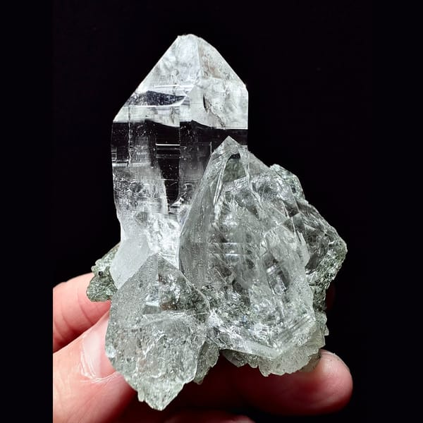 Clear Himalayan quartz cluster with green phantom base from India — complete view