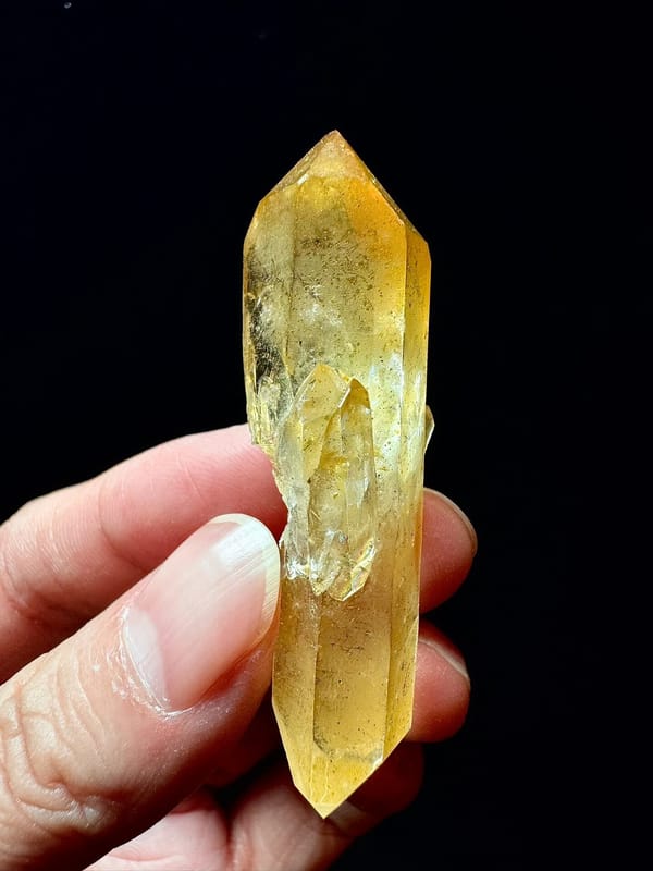 Double-Terminated Golden-Coated Quartz with Iridescence — Hashupi — individual mineral specimen view 1