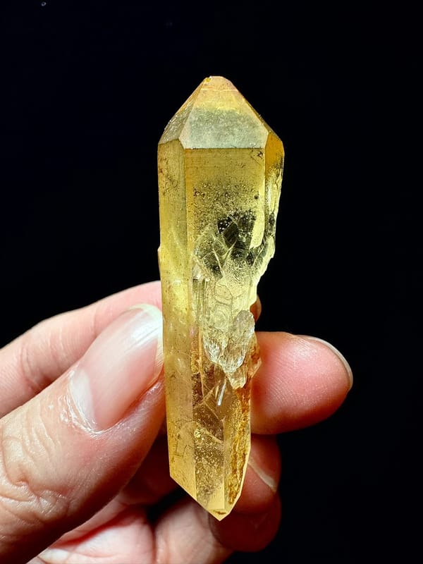 Double-Terminated Golden-Coated Quartz with Iridescence — Hashupi — individual mineral specimen view 2