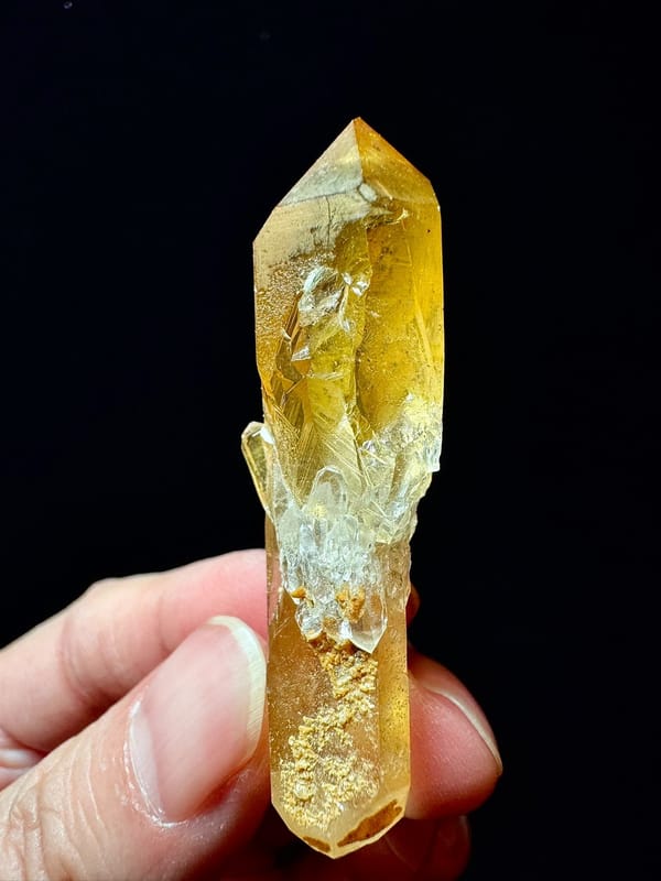 Double-Terminated Golden-Coated Quartz with Iridescence — Hashupi — individual mineral specimen view 3