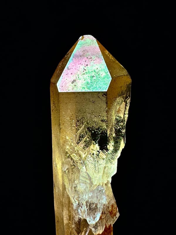 Double-Terminated Golden-Coated Quartz with Iridescence — Hashupi — individual mineral specimen view 4