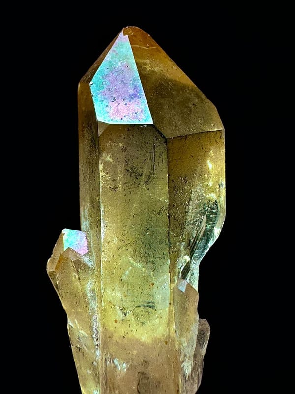 Double-Terminated Golden-Coated Quartz with Iridescence — Hashupi — individual mineral specimen view 5