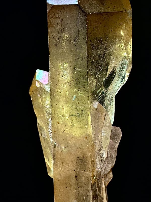Double-Terminated Golden-Coated Quartz with Iridescence — Hashupi — individual mineral specimen view 6