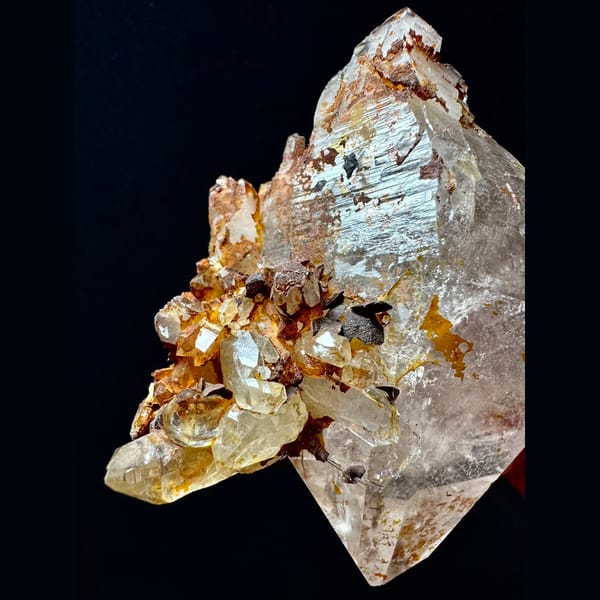 Double-terminated quartz floater with golden crust from Hashupi, Pakistan — detail view