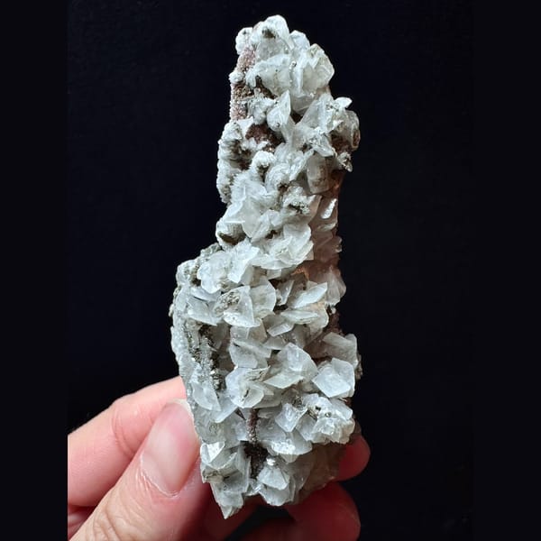 Sugar quartz floater with petal and layered calcite from Inner Mongolia — complete view