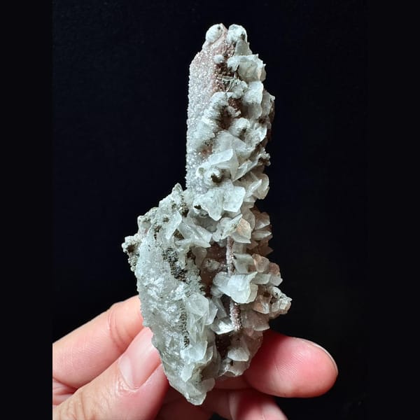 Sugar quartz floater with petal and layered calcite from Inner Mongolia — alternate view
