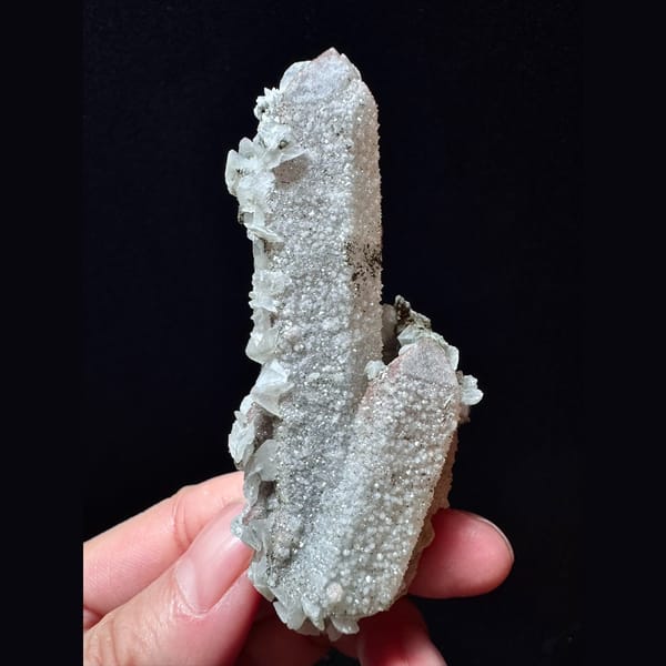 Sugar quartz floater with petal and layered calcite from Inner Mongolia — alternate view