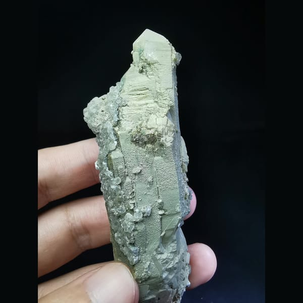 Floater green-skin quartz with platy white calcite — alternate view