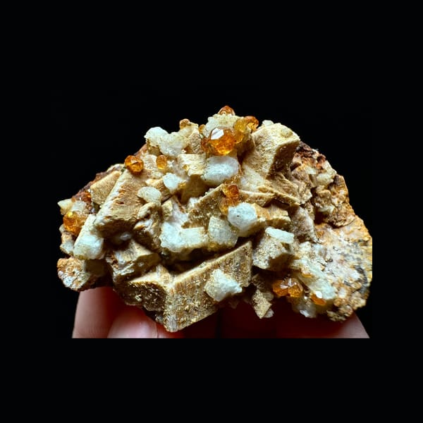 Fanta Garnet on Feldspar Miniature — Fujian — full specimen and base, front view