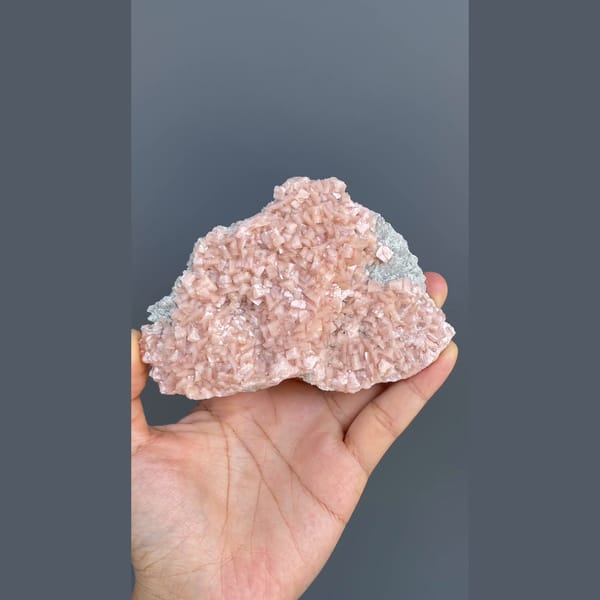 Plate of sparkling pink manganoan dolomite from Shangbao, Hunan — alternate view
