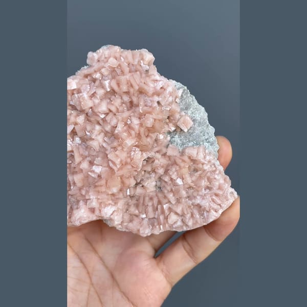 Plate of sparkling pink manganoan dolomite from Shangbao, Hunan — alternate view