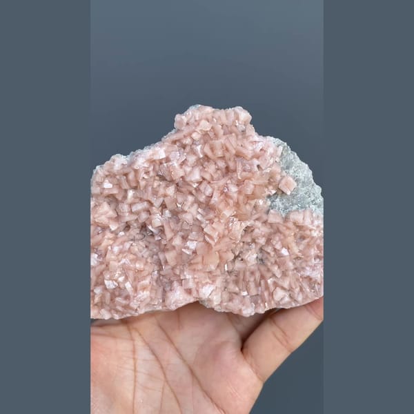 Plate of sparkling pink manganoan dolomite from Shangbao, Hunan — detail view