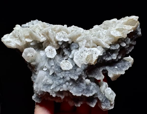 Blue Sugar Quartz with Petal Calcite and Pyrite — Fujian — individual mineral specimen view 1