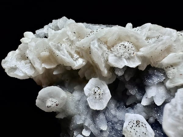 Blue Sugar Quartz with Petal Calcite and Pyrite — Fujian — individual mineral specimen view 3