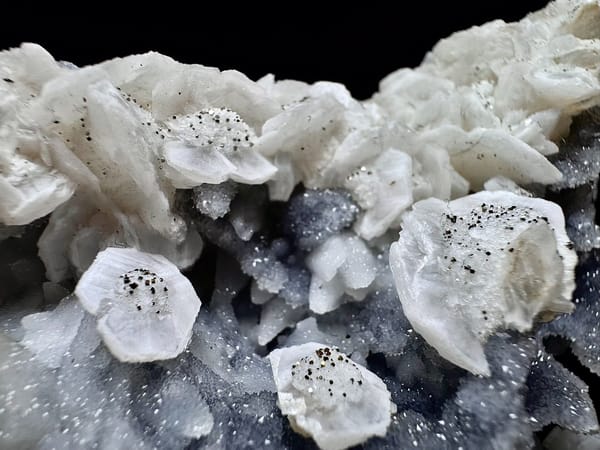 Blue Sugar Quartz with Petal Calcite and Pyrite — Fujian — individual mineral specimen view 4
