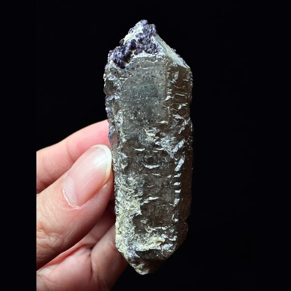 Large elestial quartz with purple fluorite from Huanggangliang — alternate view