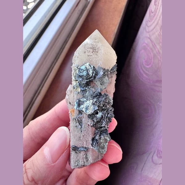Pink-hearted quartz with specular hematite from Inner Mongolia — complete view