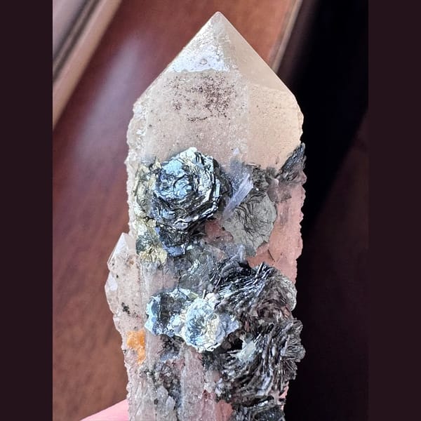Pink-hearted quartz with specular hematite from Inner Mongolia — detail view