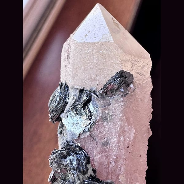 Pink-hearted quartz with specular hematite from Inner Mongolia — detail view