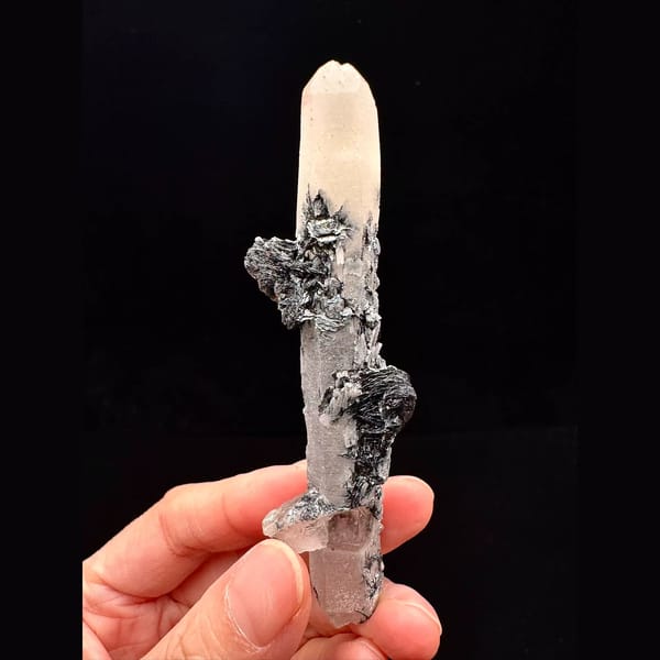 Quartz floater with specular hematite rosettes from Inner Mongolia — alternate view