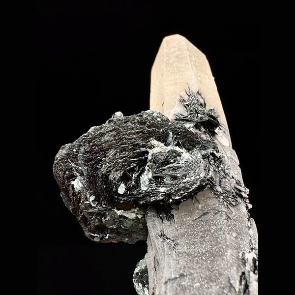 Quartz floater with specular hematite rosettes from Inner Mongolia — detail view